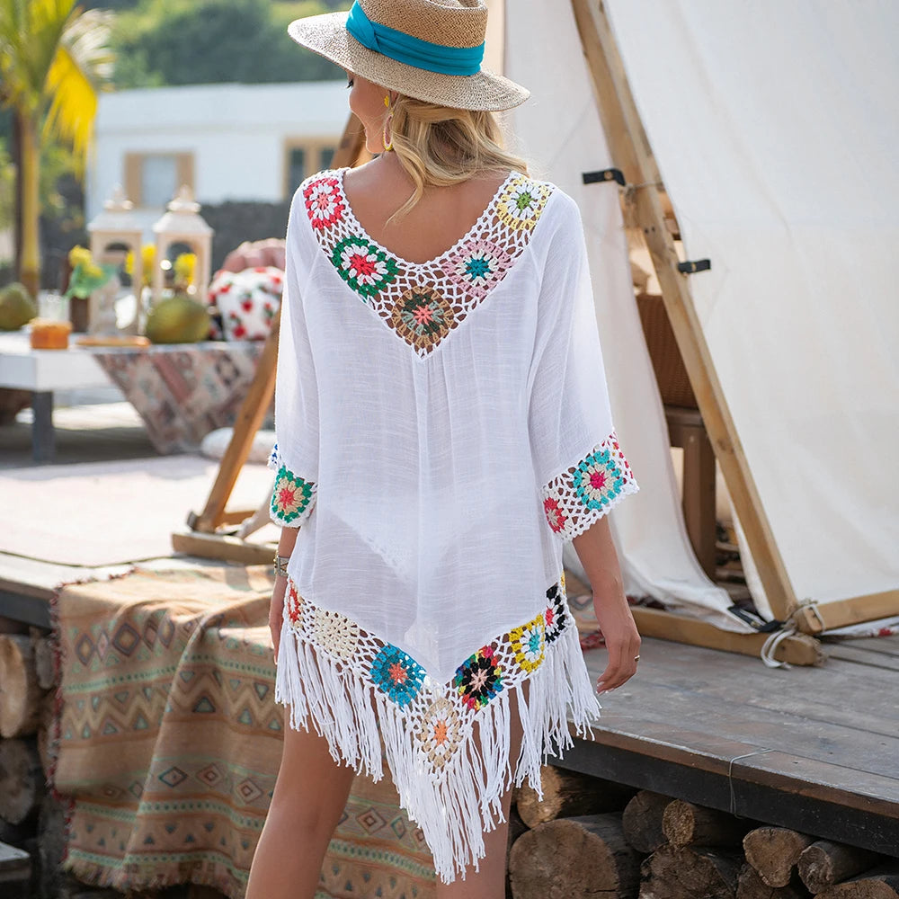 Women’s Fringe Crochet Beach Cover Up – White Hollow Knit Tunic