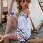 Women’s Fringe Crochet Beach Cover Up – White Hollow Knit Tunic