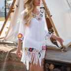 Women’s Fringe Crochet Beach Cover Up – White Hollow Knit Tunic