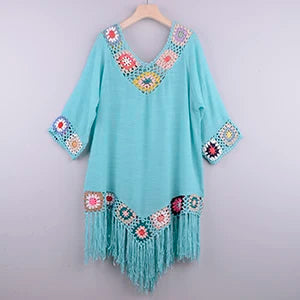 Women’s Fringe Crochet Beach Cover Up – White Hollow Knit Tunic
