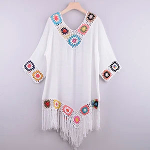 Women’s Fringe Crochet Beach Cover Up – White Hollow Knit Tunic