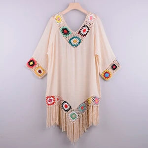 Women’s Fringe Crochet Beach Cover Up – White Hollow Knit Tunic