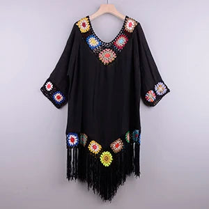 Women’s Fringe Crochet Beach Cover Up – White Hollow Knit Tunic