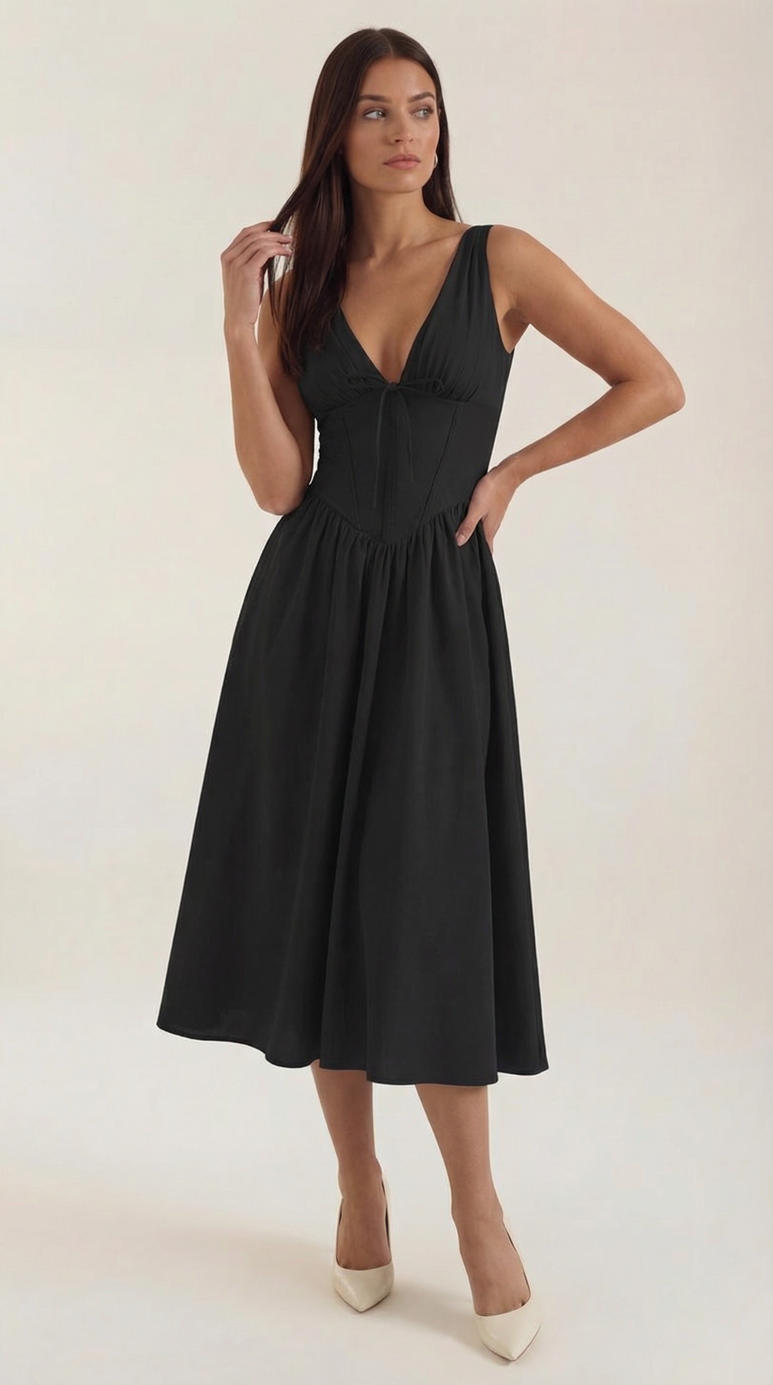 Cassiopeia Midi Plunge Dress — Women’s Deep V Neck Twist Front A-Line Midi Wedding Guest Dress Elegant Party Dress