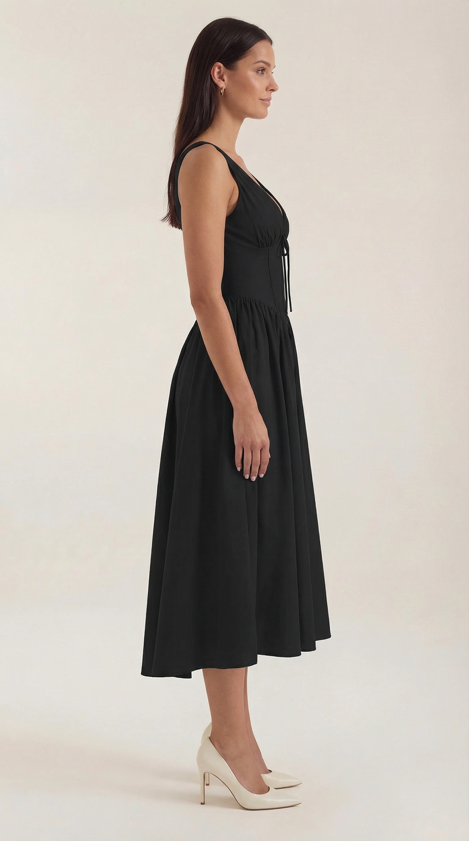 Cassiopeia Midi Plunge Dress — Women’s Deep V Neck Twist Front A-Line Midi Wedding Guest Dress Elegant Party Dress