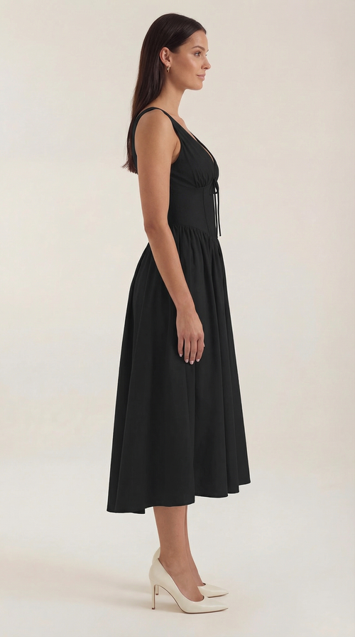 Cassiopeia Midi Plunge Dress — Women’s Deep V Neck Twist Front A-Line Midi Wedding Guest Dress Elegant Party Dress