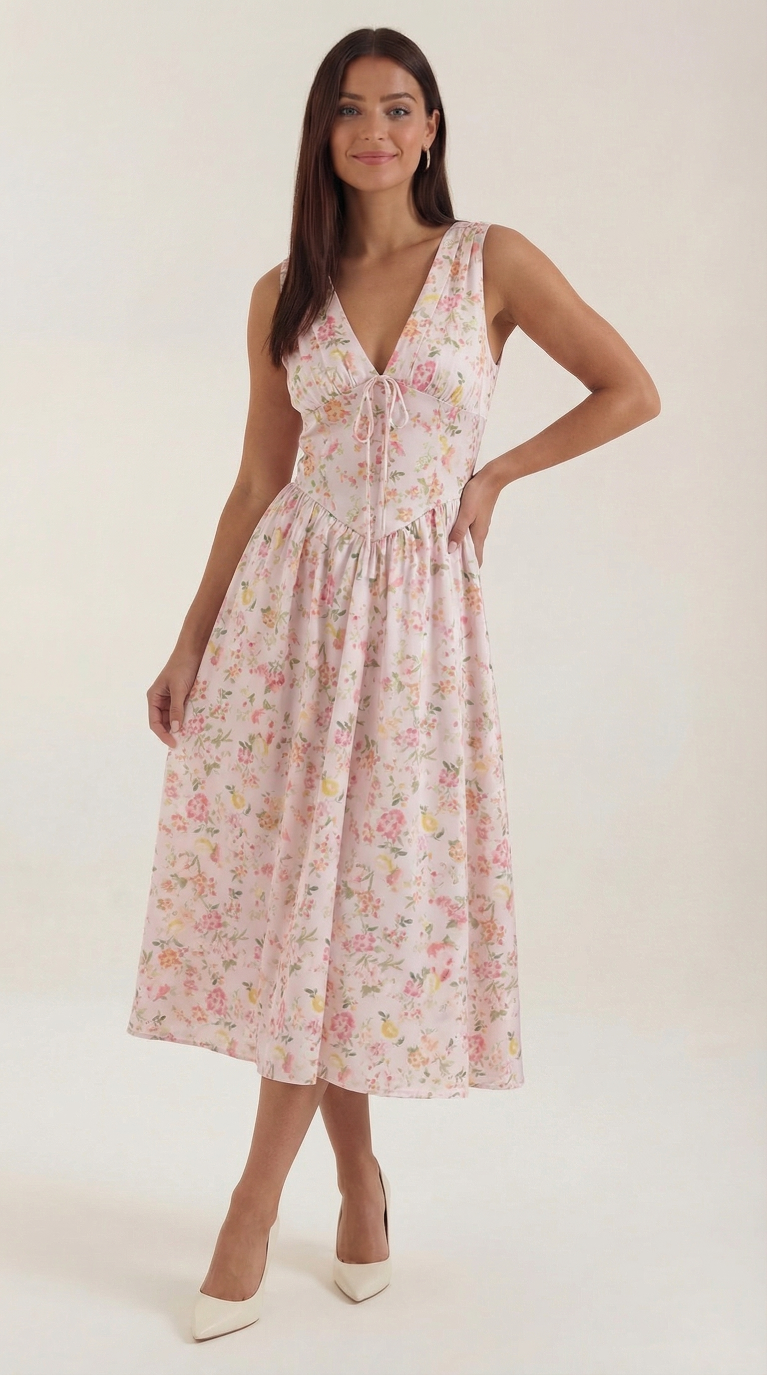 Cassiopeia Midi Plunge Dress — Women’s Deep V Neck Twist Front A-Line Midi Wedding Guest Dress Elegant Party Dress