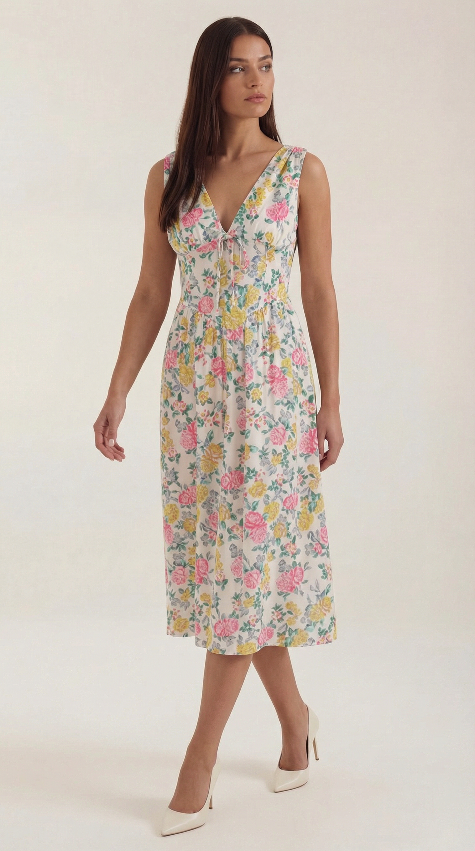 Cassiopeia Midi Plunge Dress — Women’s Deep V Neck Twist Front A-Line Midi Wedding Guest Dress Elegant Party Dress