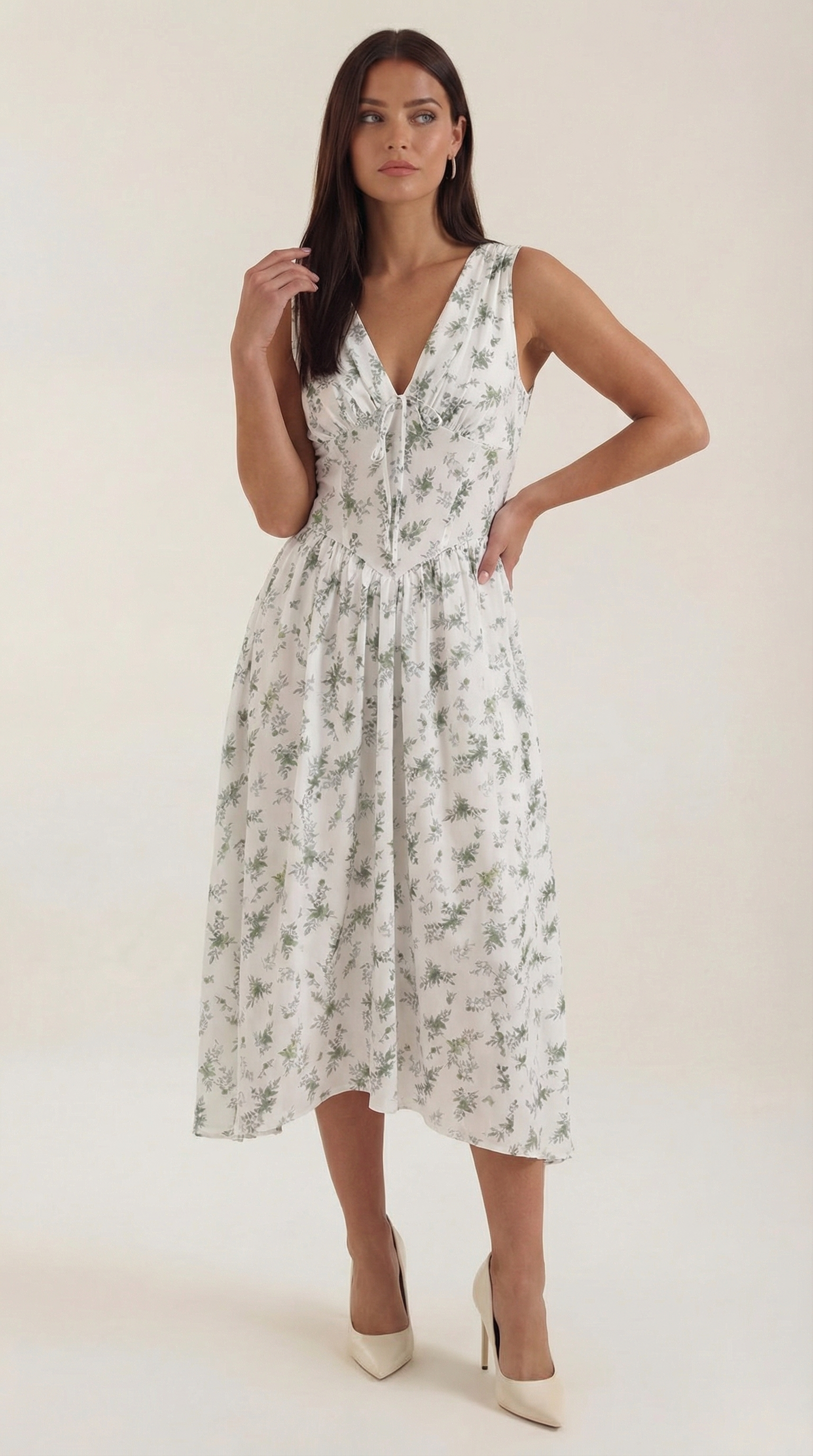 Cassiopeia Midi Plunge Dress — Women’s Deep V Neck Twist Front A-Line Midi Wedding Guest Dress Elegant Party Dress