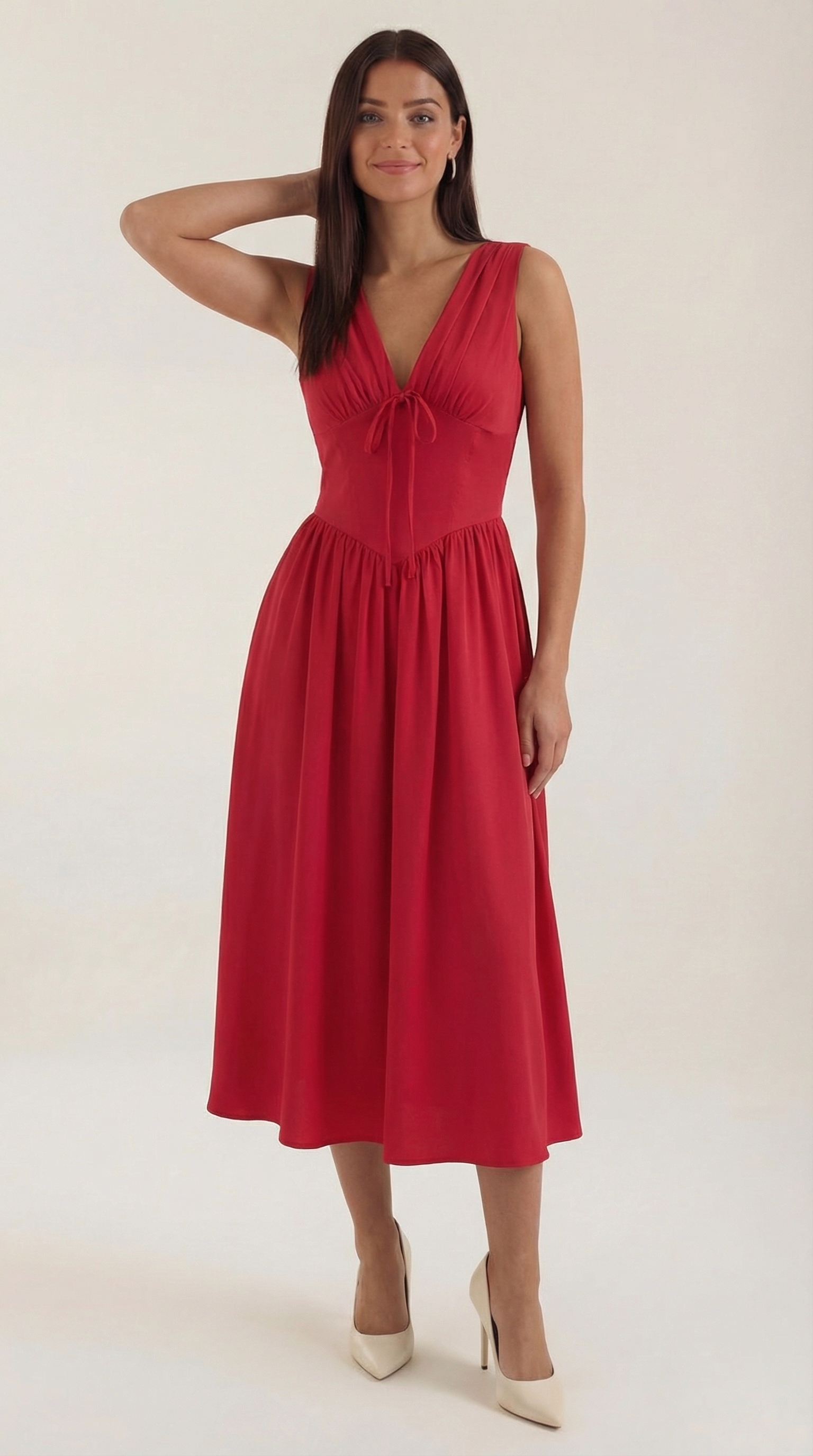 Cassiopeia Midi Plunge Dress — Women’s Deep V Neck Twist Front A-Line Midi Wedding Guest Dress Elegant Party Dress