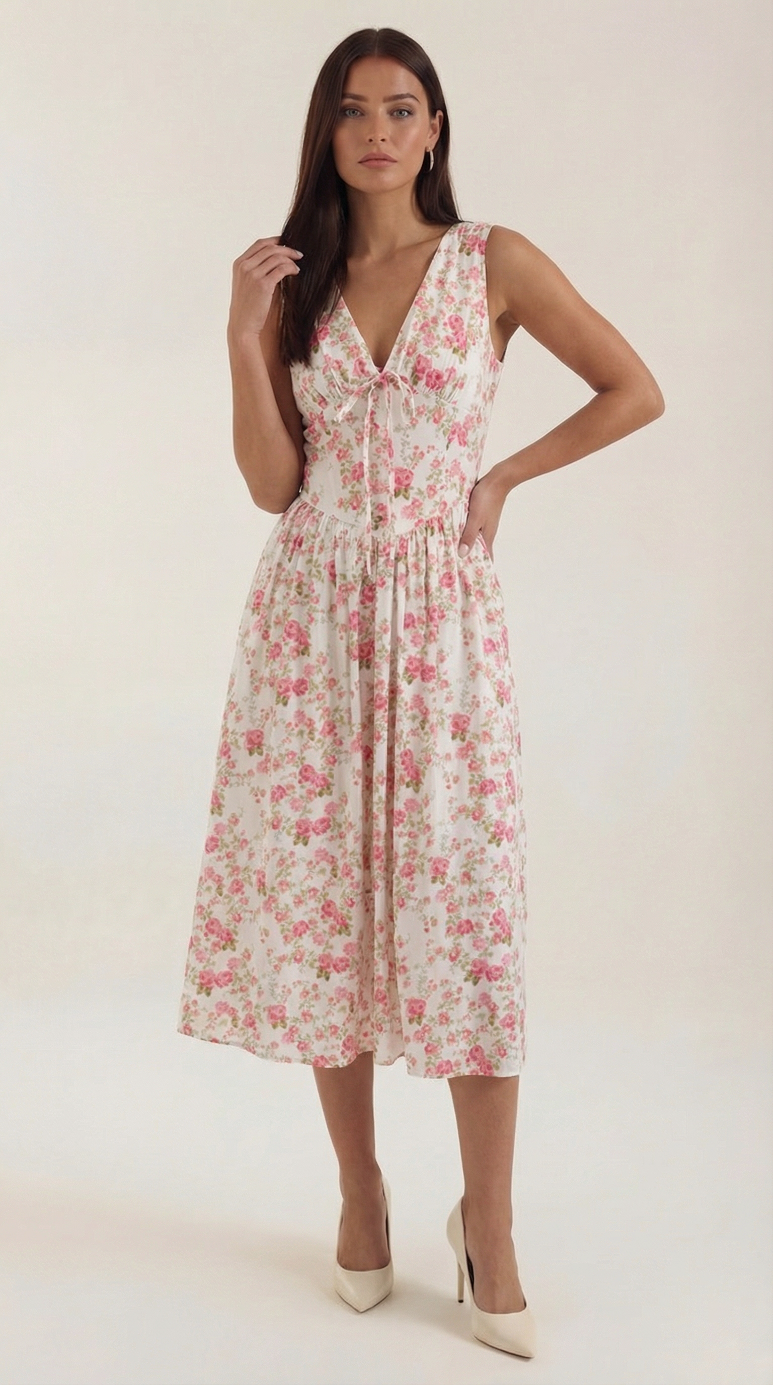 Cassiopeia Midi Plunge Dress — Women’s Deep V Neck Twist Front A-Line Midi Wedding Guest Dress Elegant Party Dress