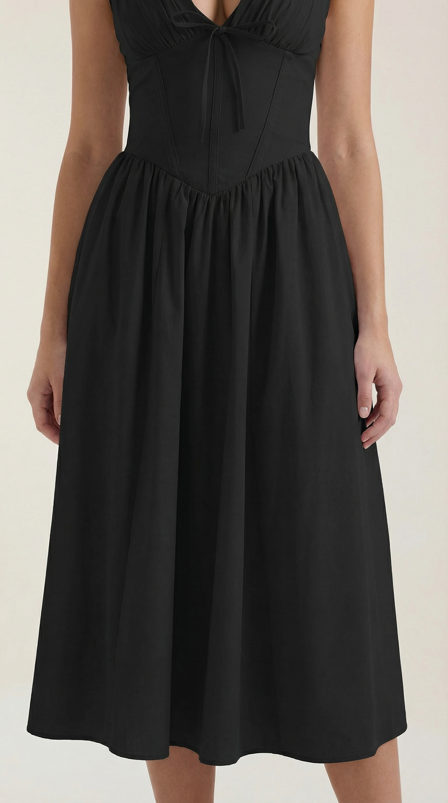 Cassiopeia Midi Plunge Dress — Women’s Deep V Neck Twist Front A-Line Midi Wedding Guest Dress Elegant Party Dress