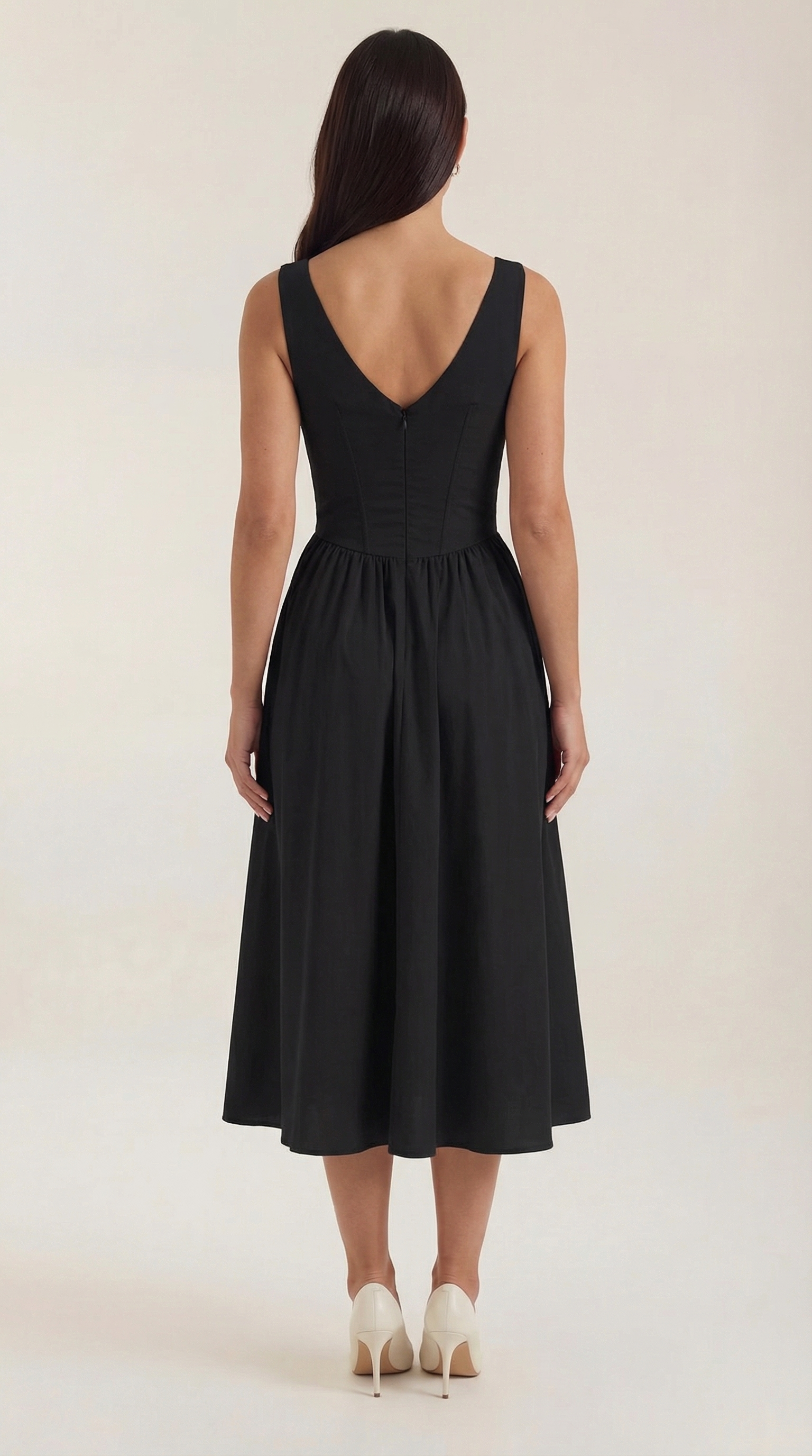 Cassiopeia Midi Plunge Dress — Women’s Deep V Neck Twist Front A-Line Midi Wedding Guest Dress Elegant Party Dress