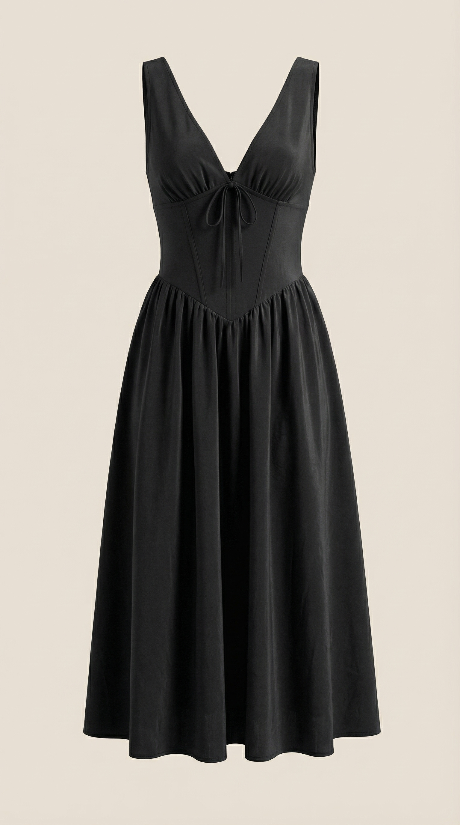 Cassiopeia Midi Plunge Dress — Women’s Deep V Neck Twist Front A-Line Midi Wedding Guest Dress Elegant Party Dress