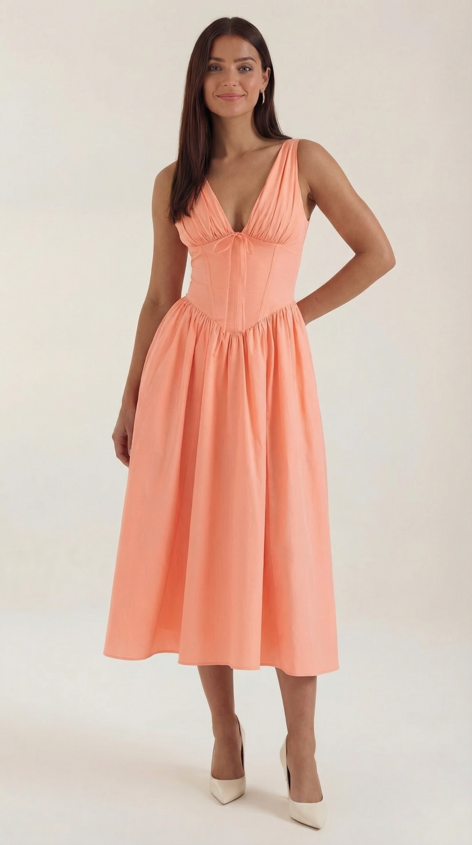 Cassiopeia Midi Plunge Dress — Women’s Deep V Neck Twist Front A-Line Midi Wedding Guest Dress Elegant Party Dress