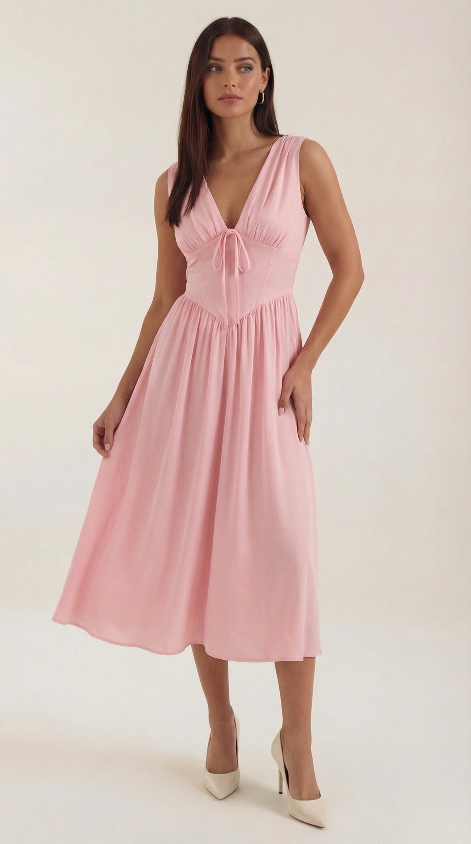 Cassiopeia Midi Plunge Dress — Women’s Deep V Neck Twist Front A-Line Midi Wedding Guest Dress Elegant Party Dress