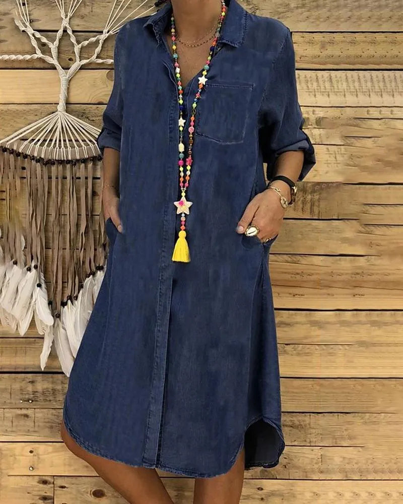 Casual denim dress with side pockets, relaxed fit styling view