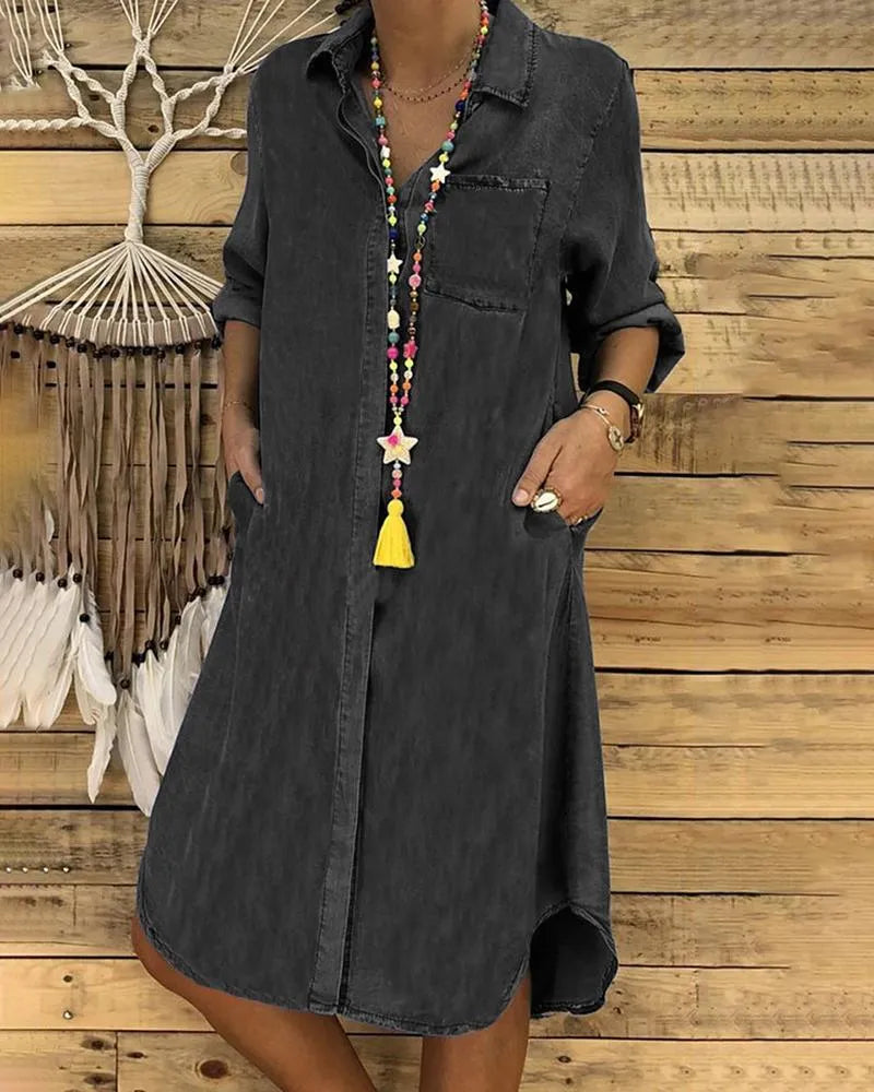 Womens denim shirt dress, full length back view