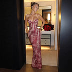 Red Lace Corset Evening Gown Strapless Sweetheart Neckline Boned Bodice Floor Length Formal Dress