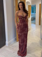 Red Lace Corset Evening Gown Strapless Sweetheart Neckline Boned Bodice Floor Length Formal Dress