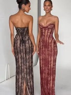 Red Lace Corset Evening Gown Strapless Sweetheart Neckline Boned Bodice Floor Length Formal Dress