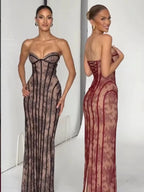 Red Lace Corset Evening Gown Strapless Sweetheart Neckline Boned Bodice Floor Length Formal Dress