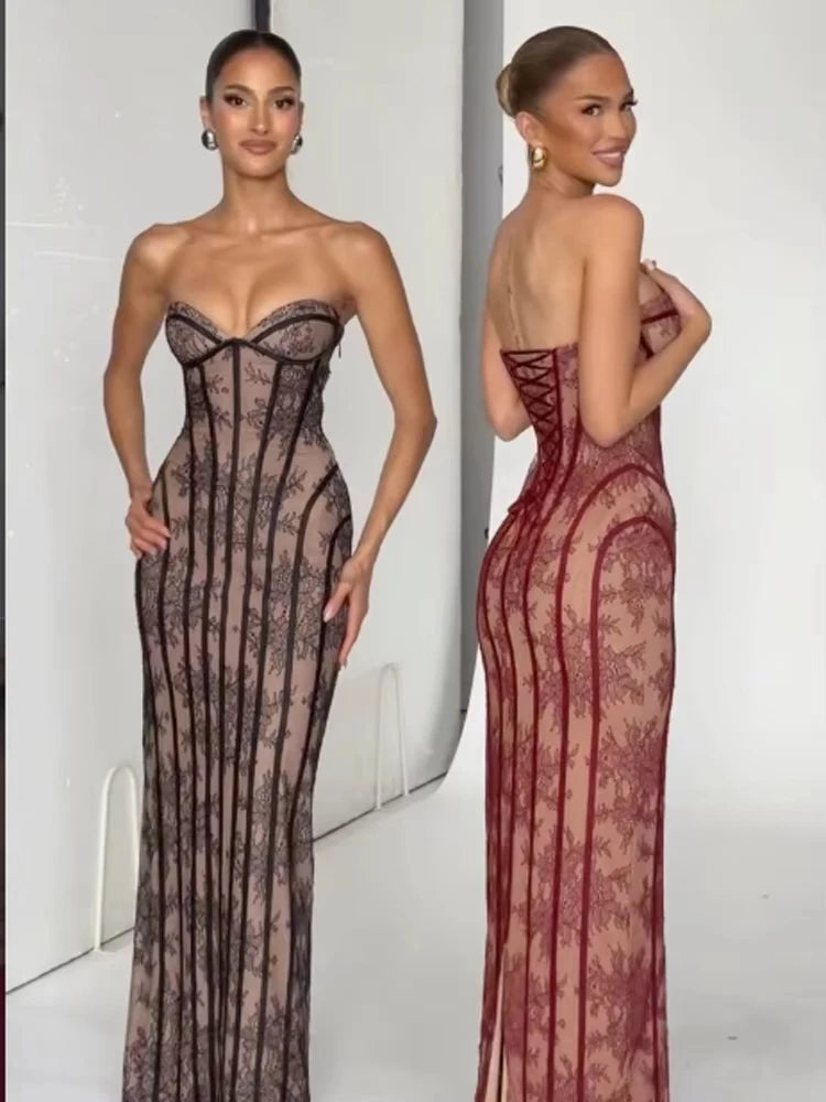 Red Lace Corset Evening Gown Strapless Sweetheart Neckline Boned Bodice Floor Length Formal Dress