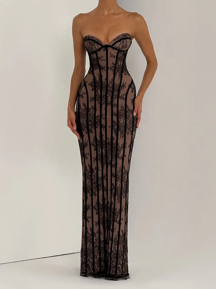 Red Lace Corset Evening Gown Strapless Sweetheart Neckline Boned Bodice Floor Length Formal Dress