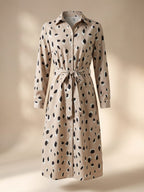 Chic Leopard Print Midi Dress with Long Sleeves & A-Line Hem for Effortless Elegance