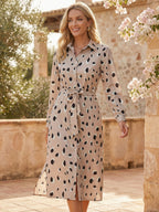 Chic Leopard Print Midi Dress with Long Sleeves & A-Line Hem for Effortless Elegance