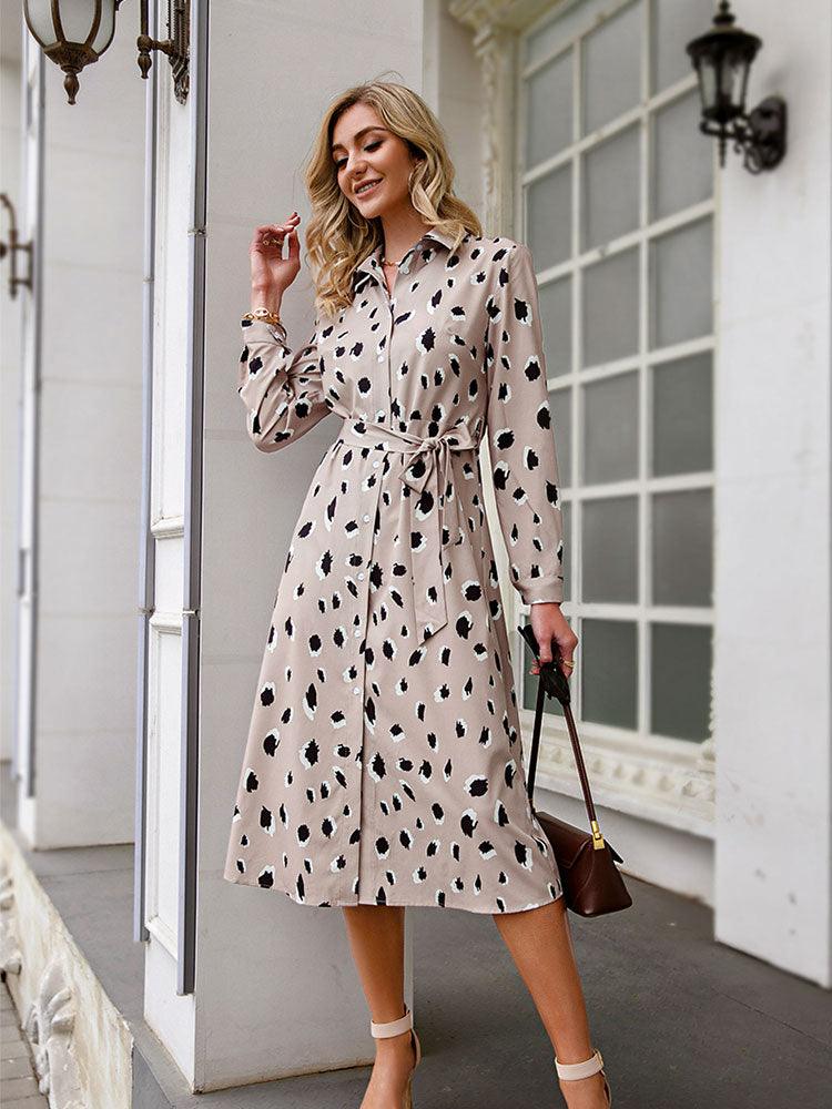 Chic Leopard Print Midi Dress with Long Sleeves & A-Line Hem for Effortless Elegance