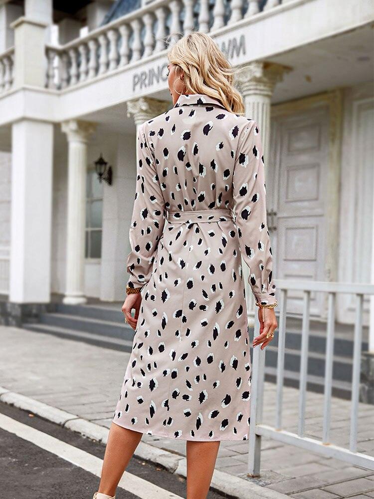 Chic Leopard Print Midi Dress with Long Sleeves & A-Line Hem for Effortless Elegance
