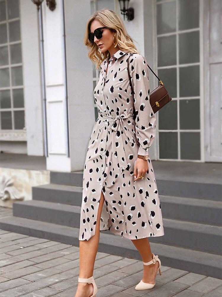 Chic Leopard Print Midi Dress with Long Sleeves & A-Line Hem for Effortless Elegance