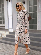 Chic Leopard Print Midi Dress with Long Sleeves & A-Line Hem for Effortless Elegance