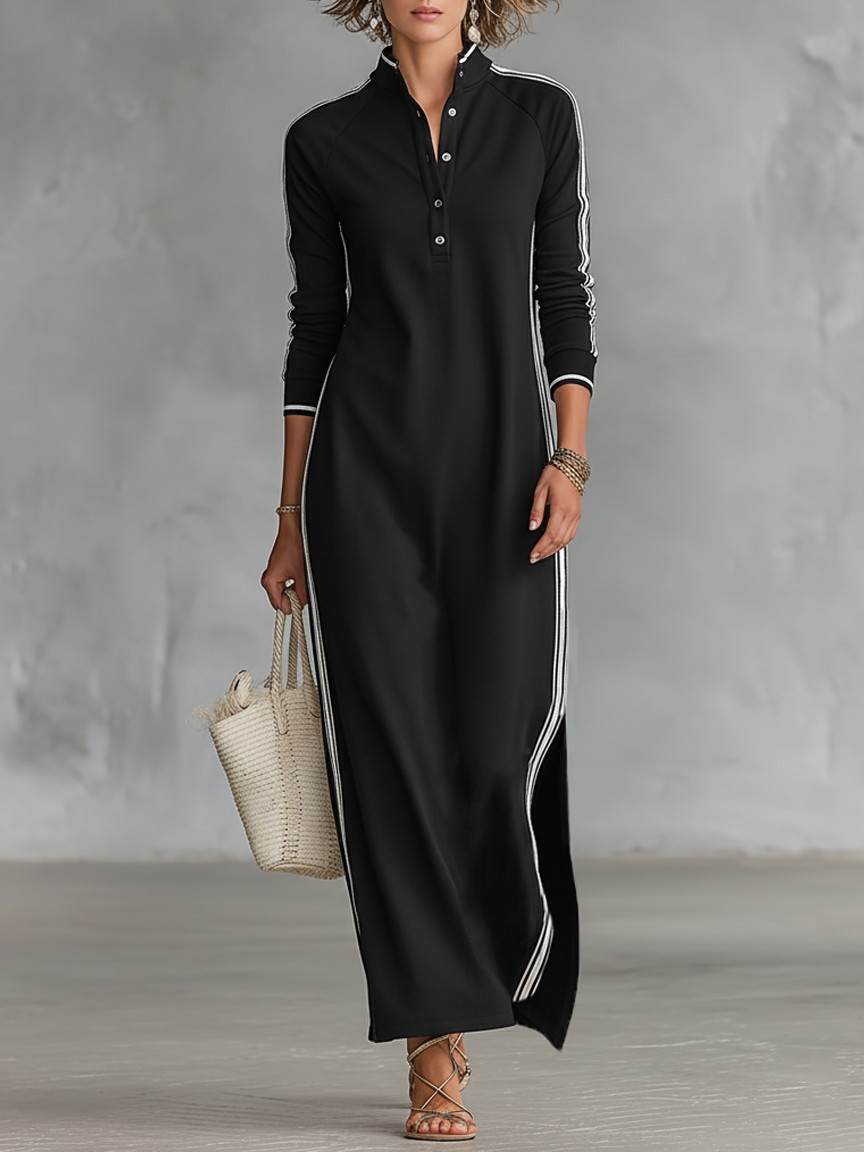 Chic Minimalist | Women's Maxi Sweatshirt Dress with Button-Down Collar | Stylish Comfort for Everyday Wear