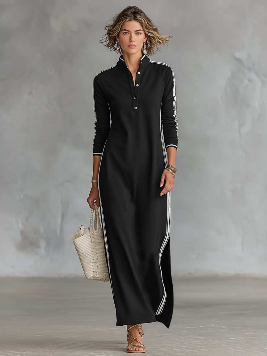 Chic Minimalist | Women's Maxi Sweatshirt Dress with Button-Down Collar | Stylish Comfort for Everyday Wear