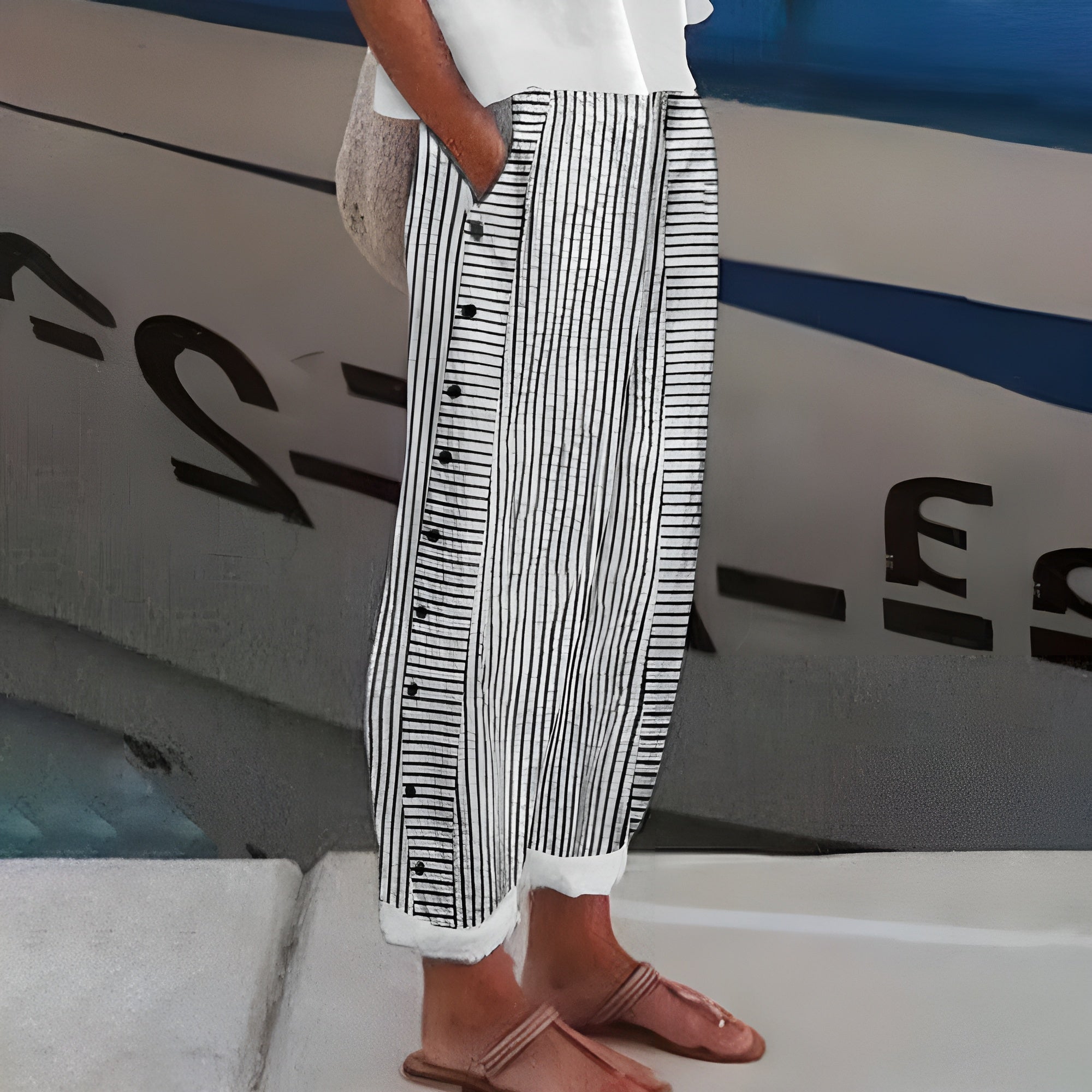 Coastal Chic | Women's Striped Ankle Pants with Side Pockets | Lightweight Tapered Trousers for Summer Style