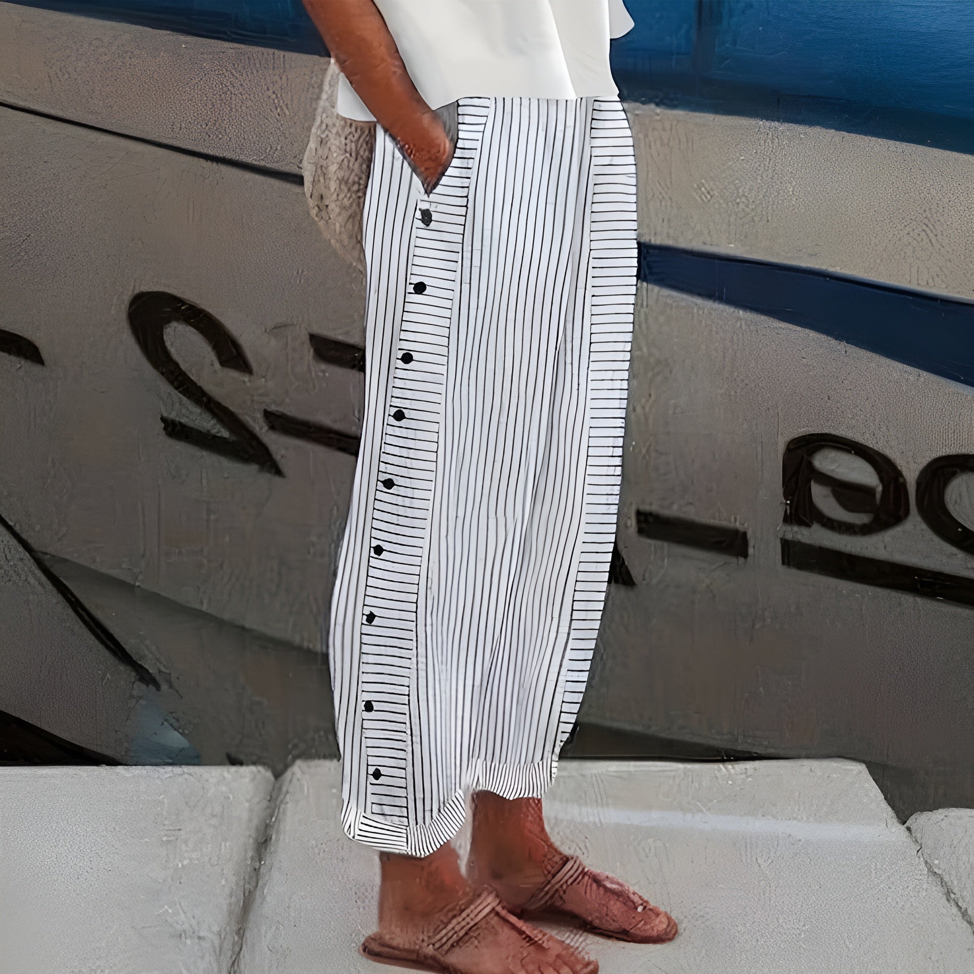 Coastal Chic | Women's Striped Ankle Pants with Side Pockets | Lightweight Tapered Trousers for Summer Style