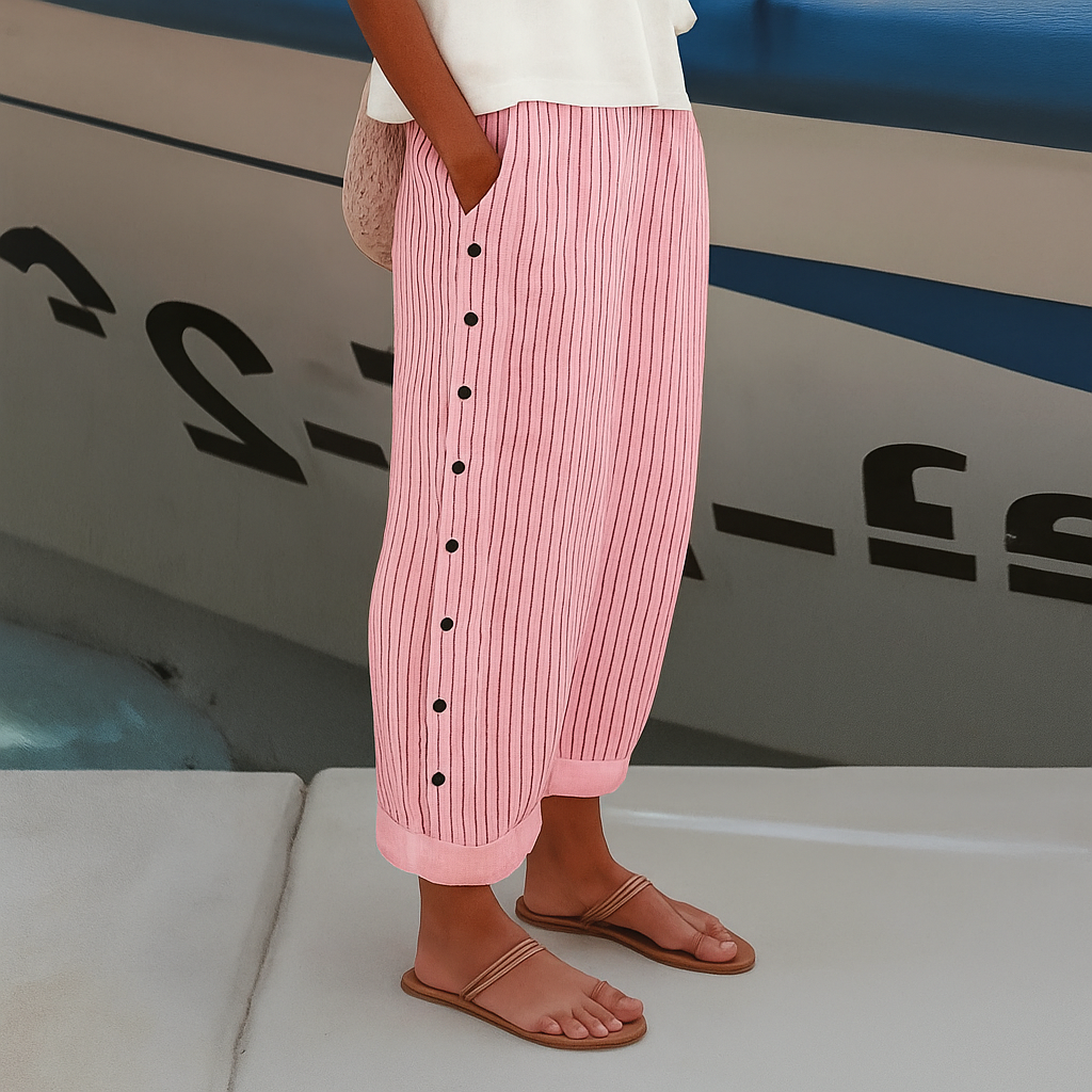 Coastal Chic | Women's Striped Ankle Pants with Side Pockets | Lightweight Tapered Trousers for Summer Style