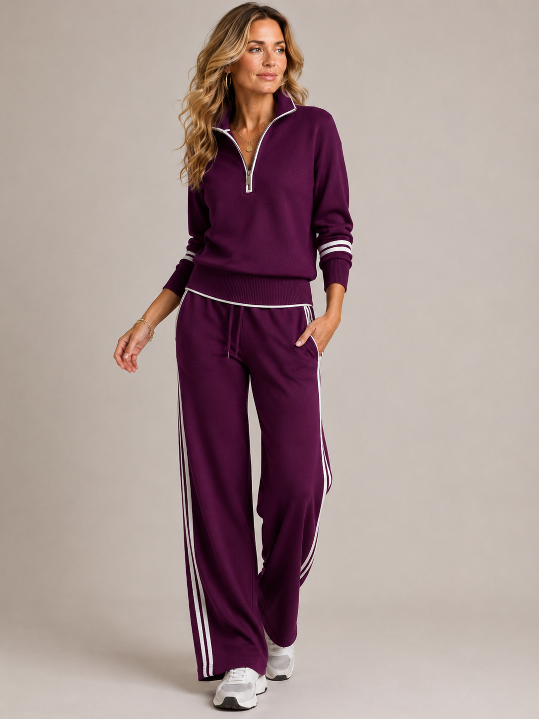 Purple quarter zip knit top and wide leg pants two piece set