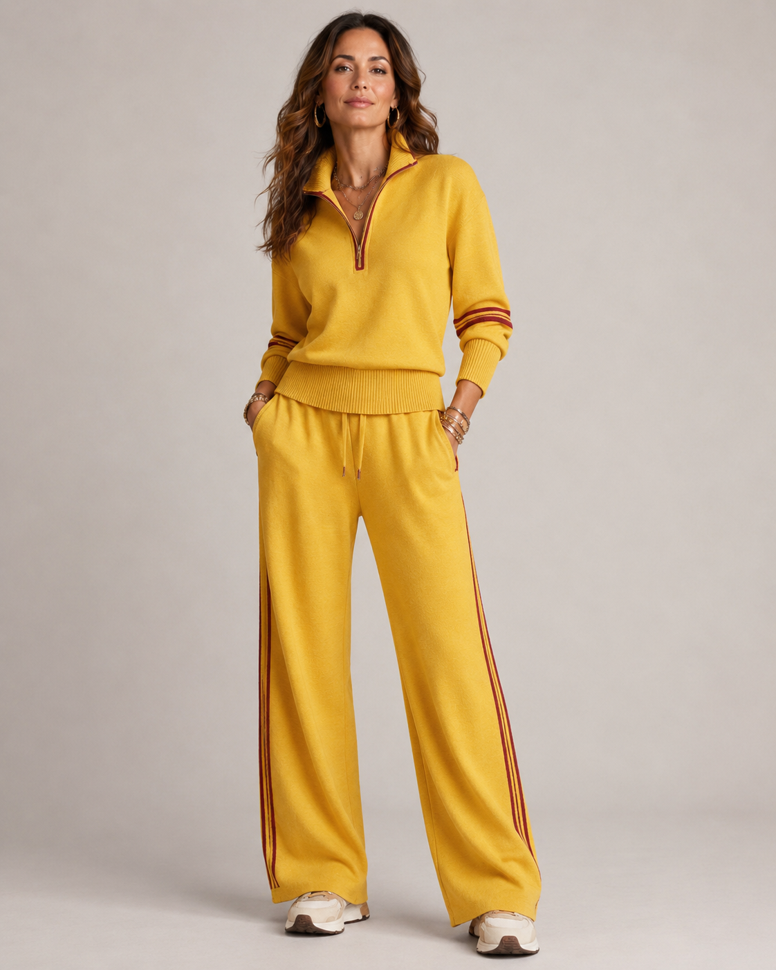 Yellow quarter zip knit top and wide leg pants two piece set