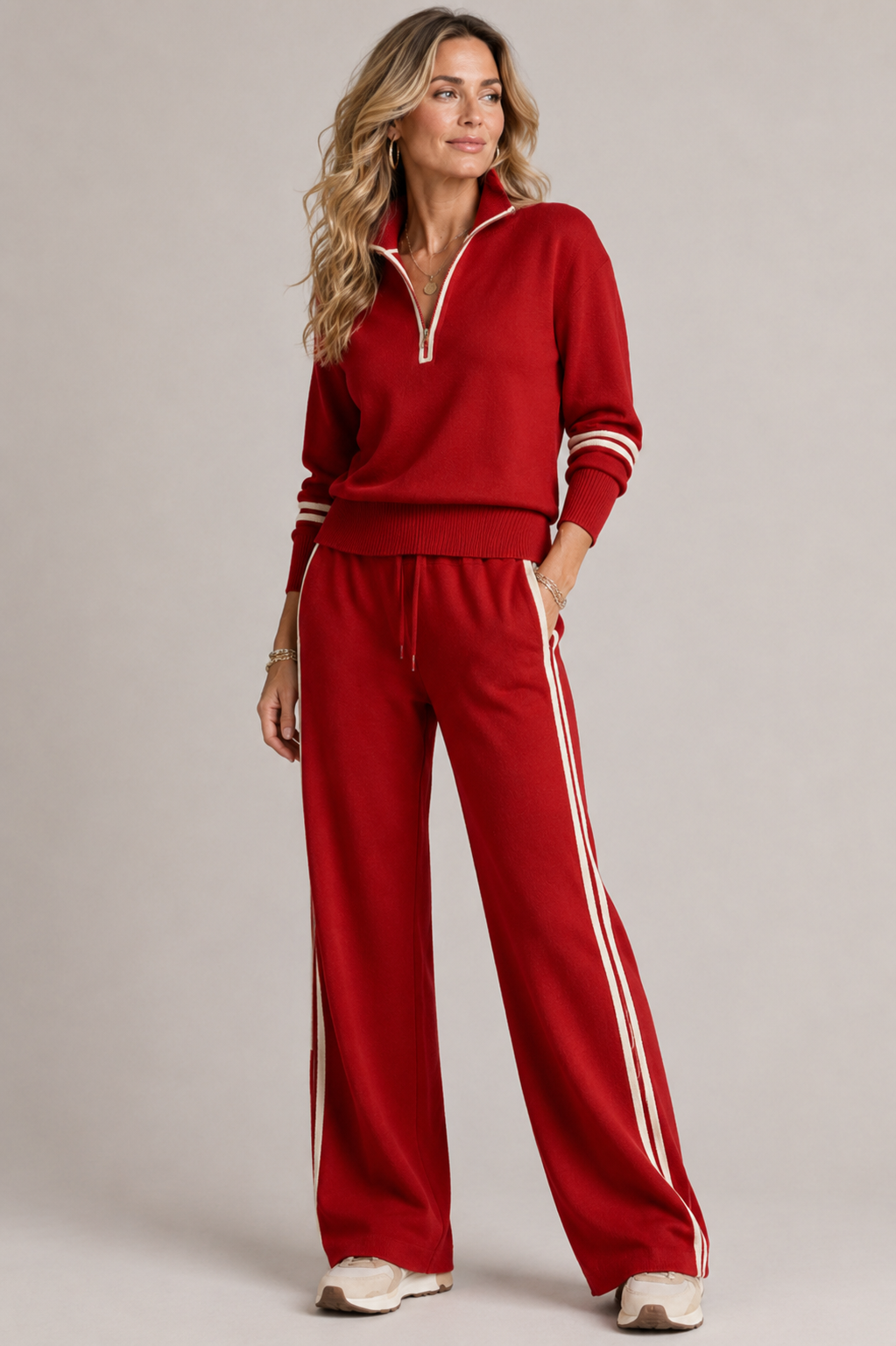 Red quarter zip knit top and wide leg pants two piece set