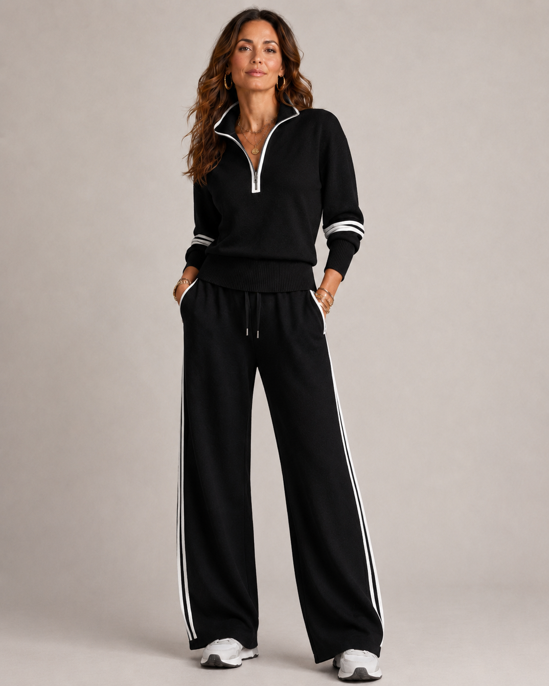 Black quarter zip knit top and wide leg pants two piece set