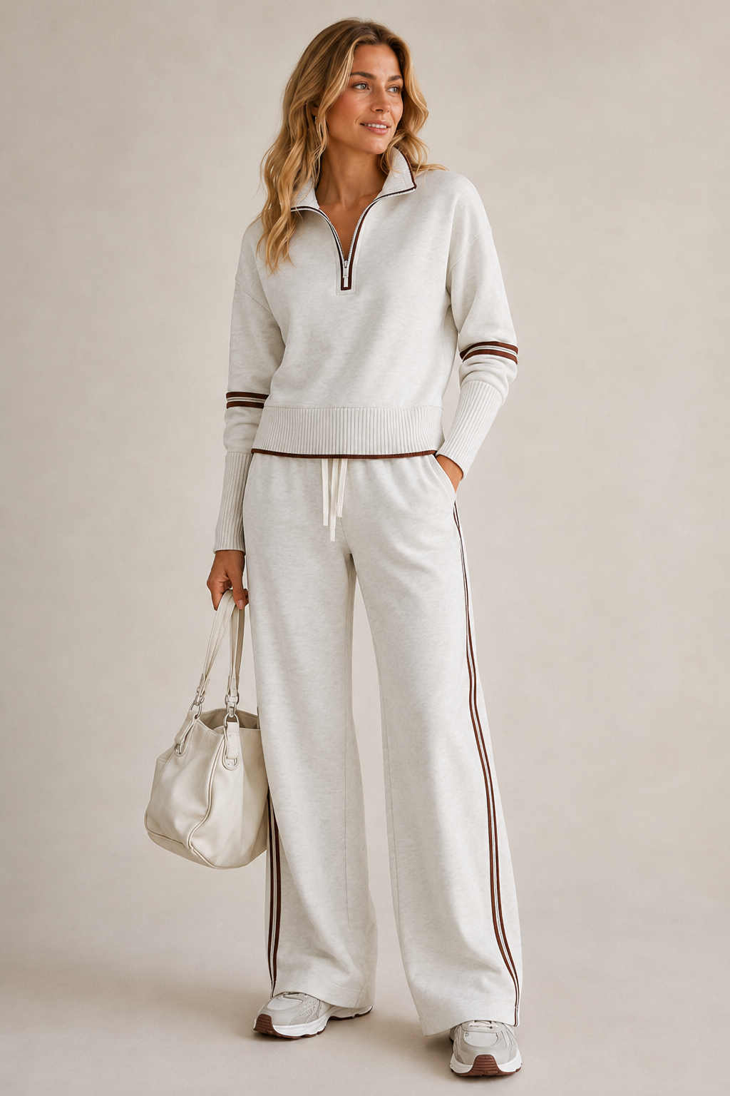 White quarter zip knit top and wide leg pants two piece set