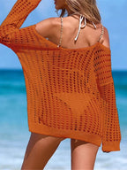 Women’s Crochet Beach Cover Up Dress – Long Sleeve Hollow Knit Tunic