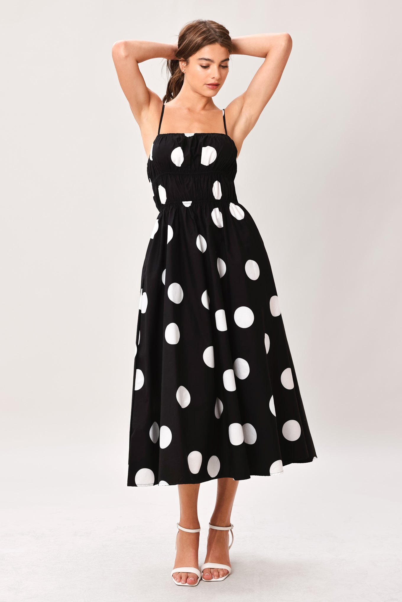 Women’s Printed Cotton Midi Dress — Straight Neck Strappy Full Skirt Dress with Elastic Waist & Pockets