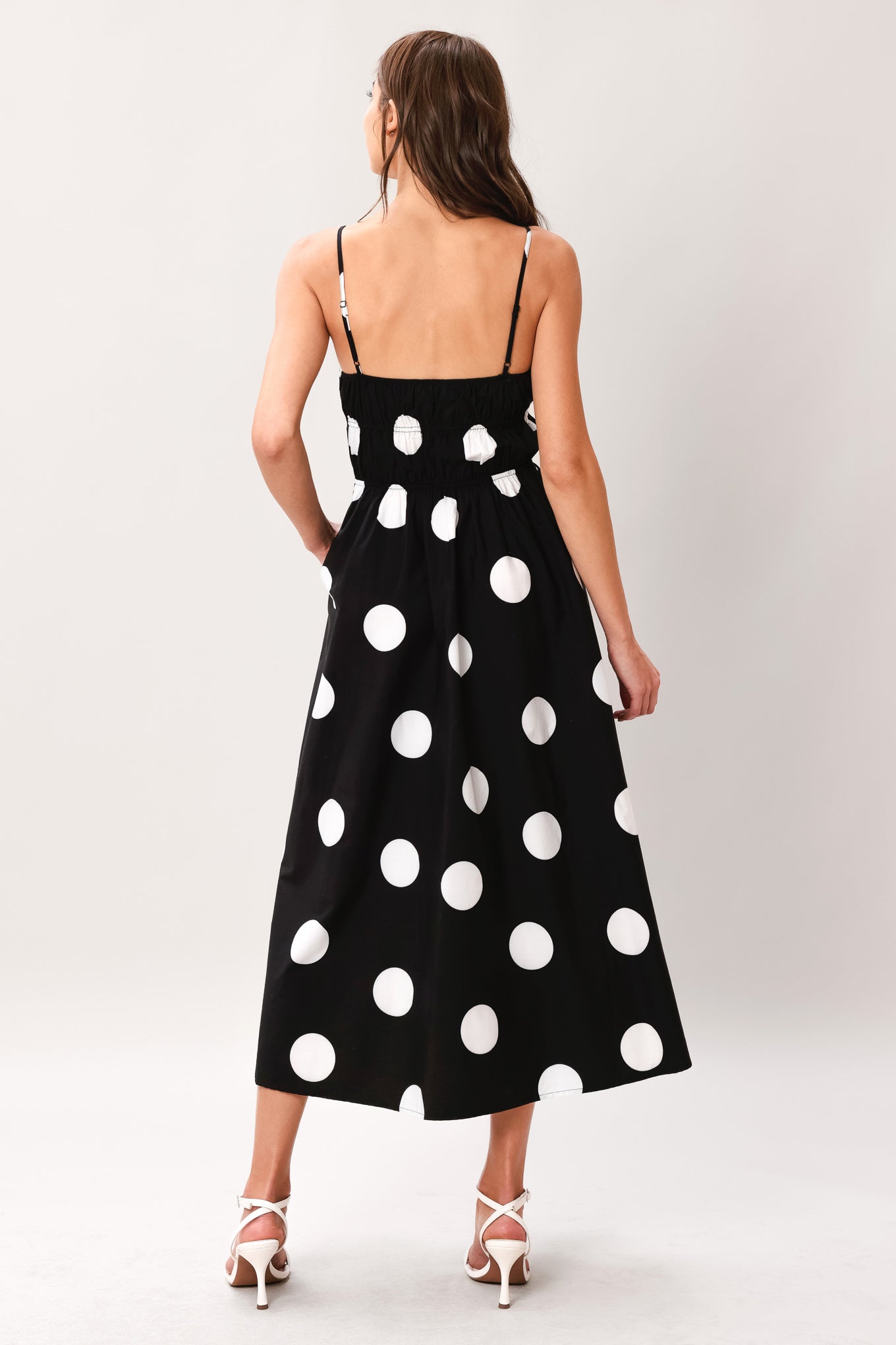 Women’s Printed Cotton Midi Dress — Straight Neck Strappy Full Skirt Dress with Elastic Waist & Pockets
