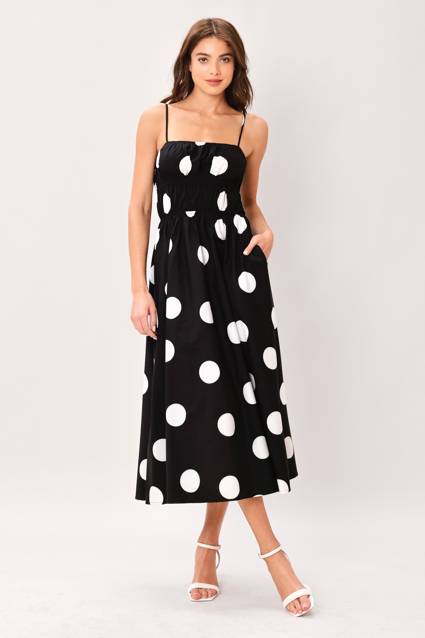Women’s Printed Cotton Midi Dress — Straight Neck Strappy Full Skirt Dress with Elastic Waist & Pockets