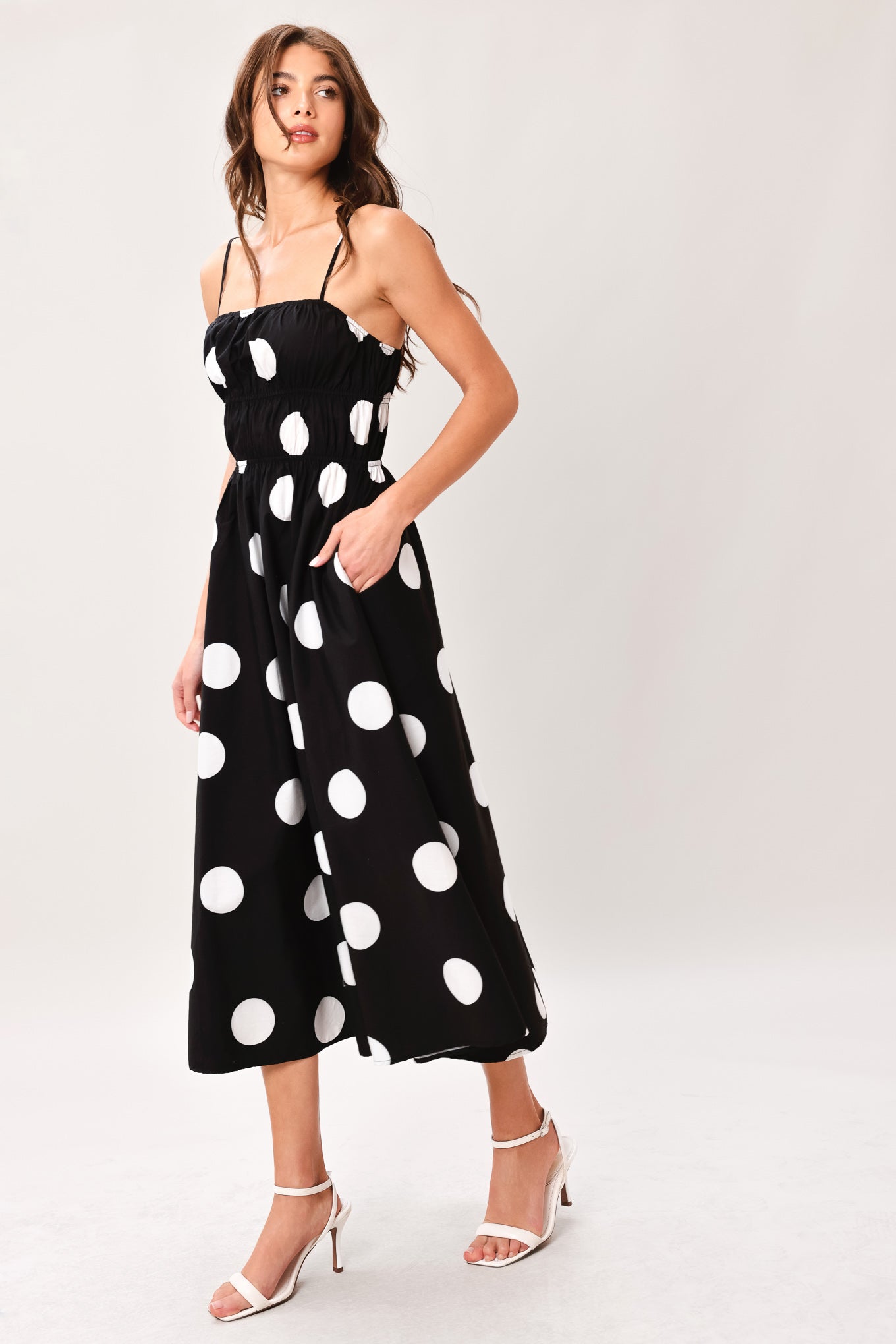 Women’s Printed Cotton Midi Dress — Straight Neck Strappy Full Skirt Dress with Elastic Waist & Pockets