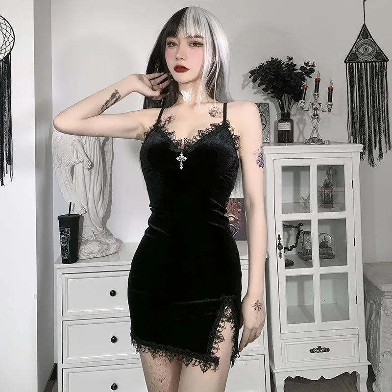 Gothic Black Cross Mini Dress with Spaghetti Straps